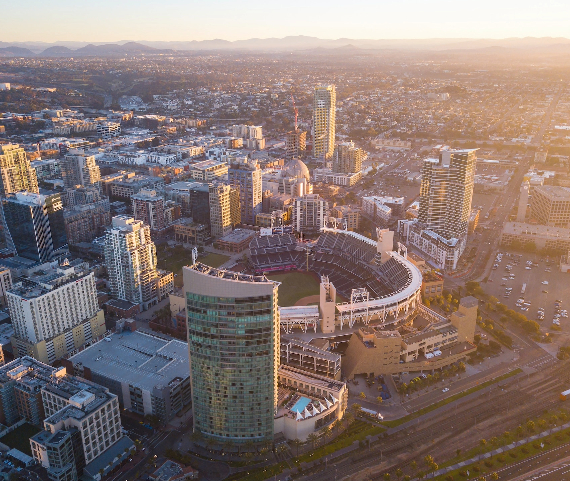 Aerial view of Petco Park, the San Diego Padres baseball stadium and the surrounding city